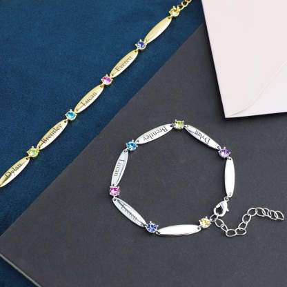 Personalized Birthstone Family Chain Bracelet with 6 Engraved Names Birthday Mother's Day Gift for Her