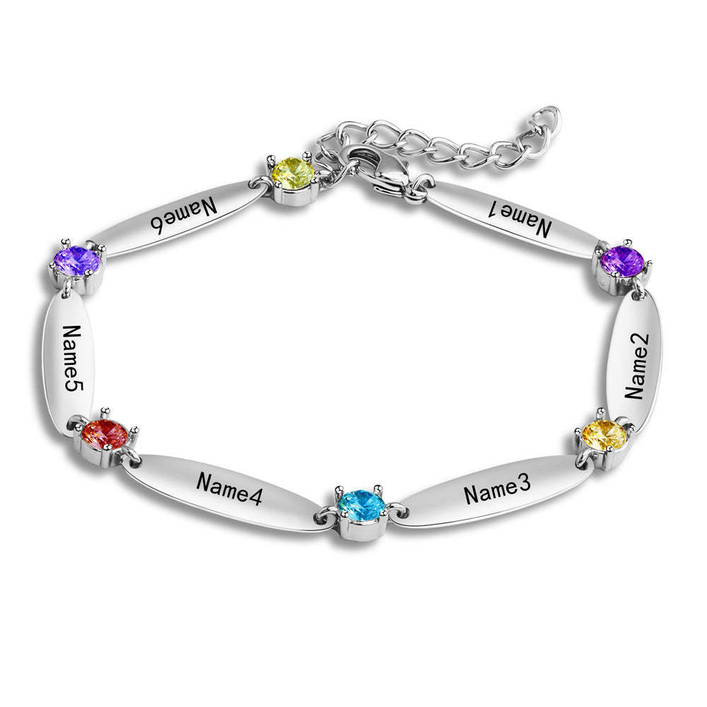Personalized Birthstone Family Chain Bracelet with 6 Engraved Names Birthday Mother's Day Gift for Her