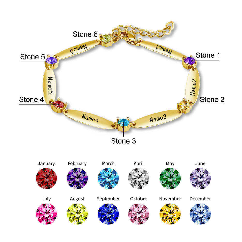 Personalized Birthstone Family Chain Bracelet with 6 Engraved Names Birthday Mother's Day Gift for Her