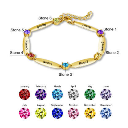 Personalized Birthstone Family Chain Bracelet with 6 Engraved Names Birthday Mother's Day Gift for Her