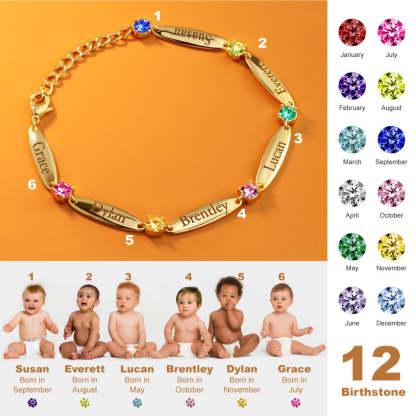 Personalized Birthstone Family Chain Bracelet with 6 Engraved Names Birthday Mother's Day Gift for Her