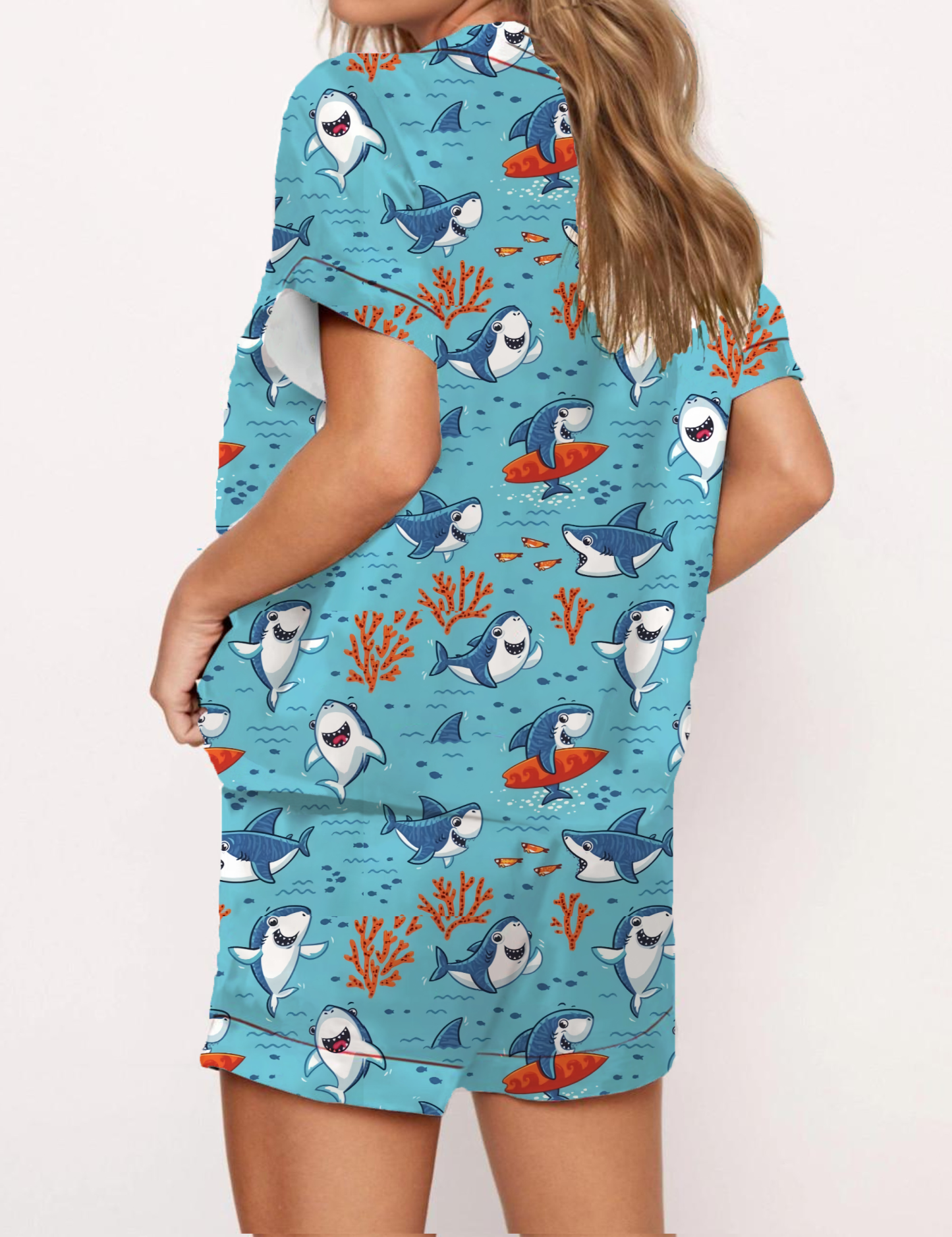 Playful Sharks Print Satin Pajama Short Set