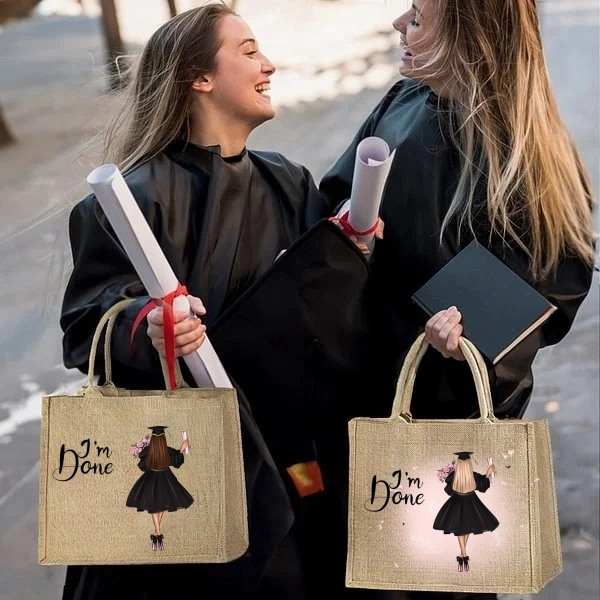 Personalized Cartoon Grad Hat Girl Initial Large Jute Tote Bag with Name Graduation Souvenir Birthday Gift for Women