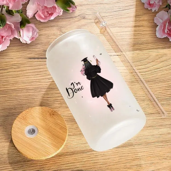 Personalized Cartoon Back Image Girl 16oz Frosted Glass Cup with Text “I‘m Done” Graduation Souvenir Birthday Gift for Women