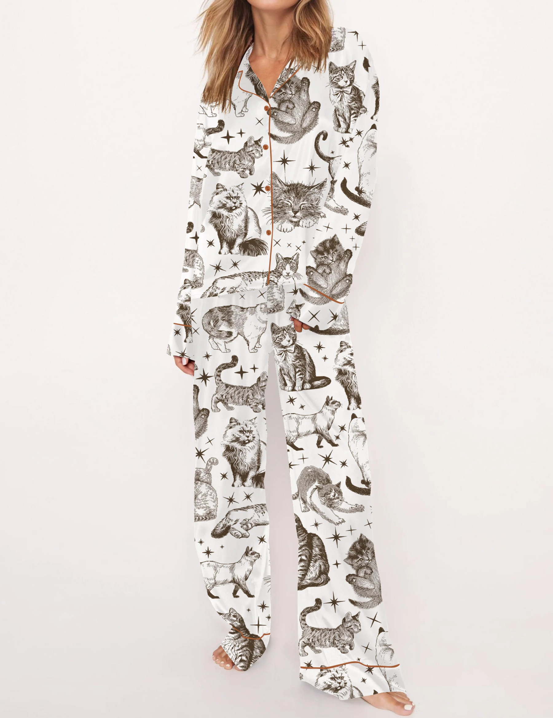 Vintage Cats Satin Pajama Set For Women