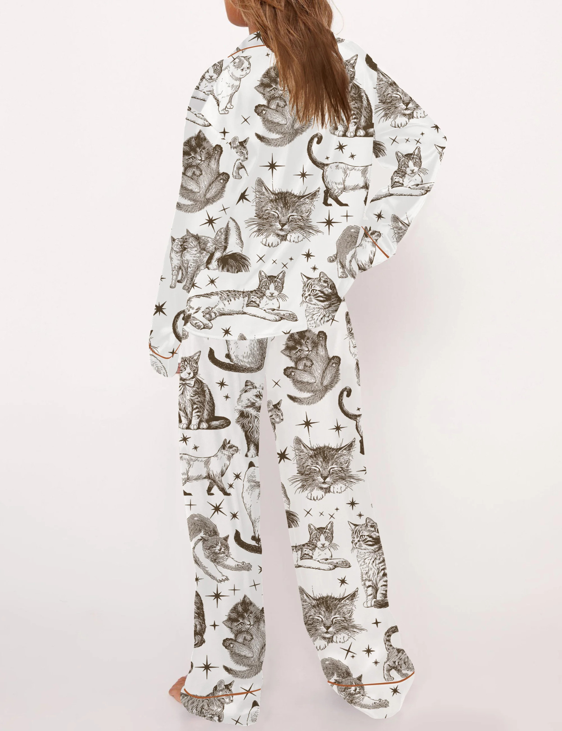Vintage Cats Satin Pajama Set For Women