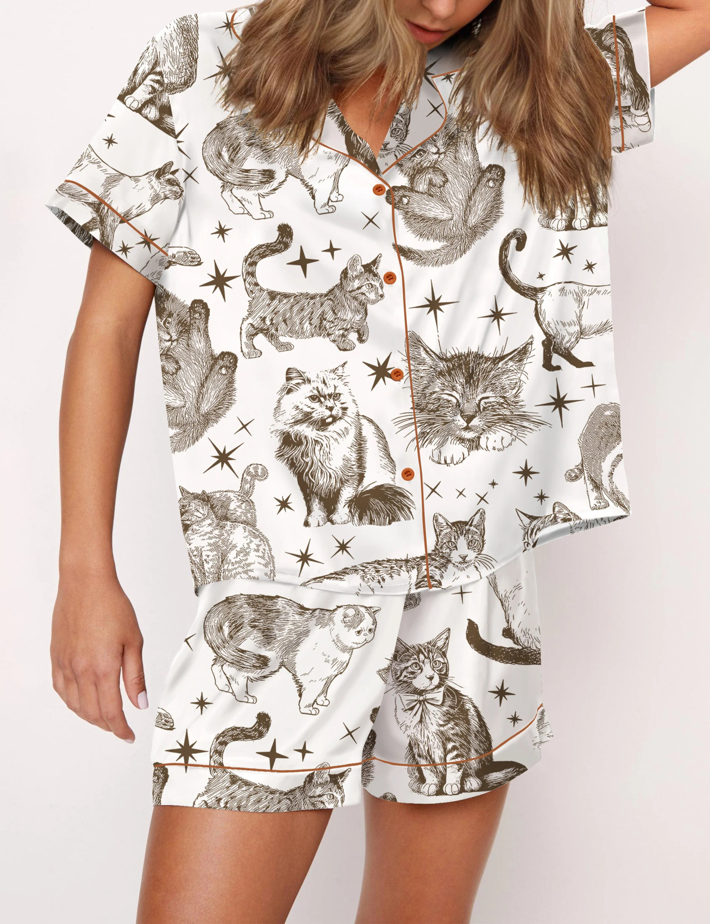 Vintage Cats Satin Pajama Set For Women