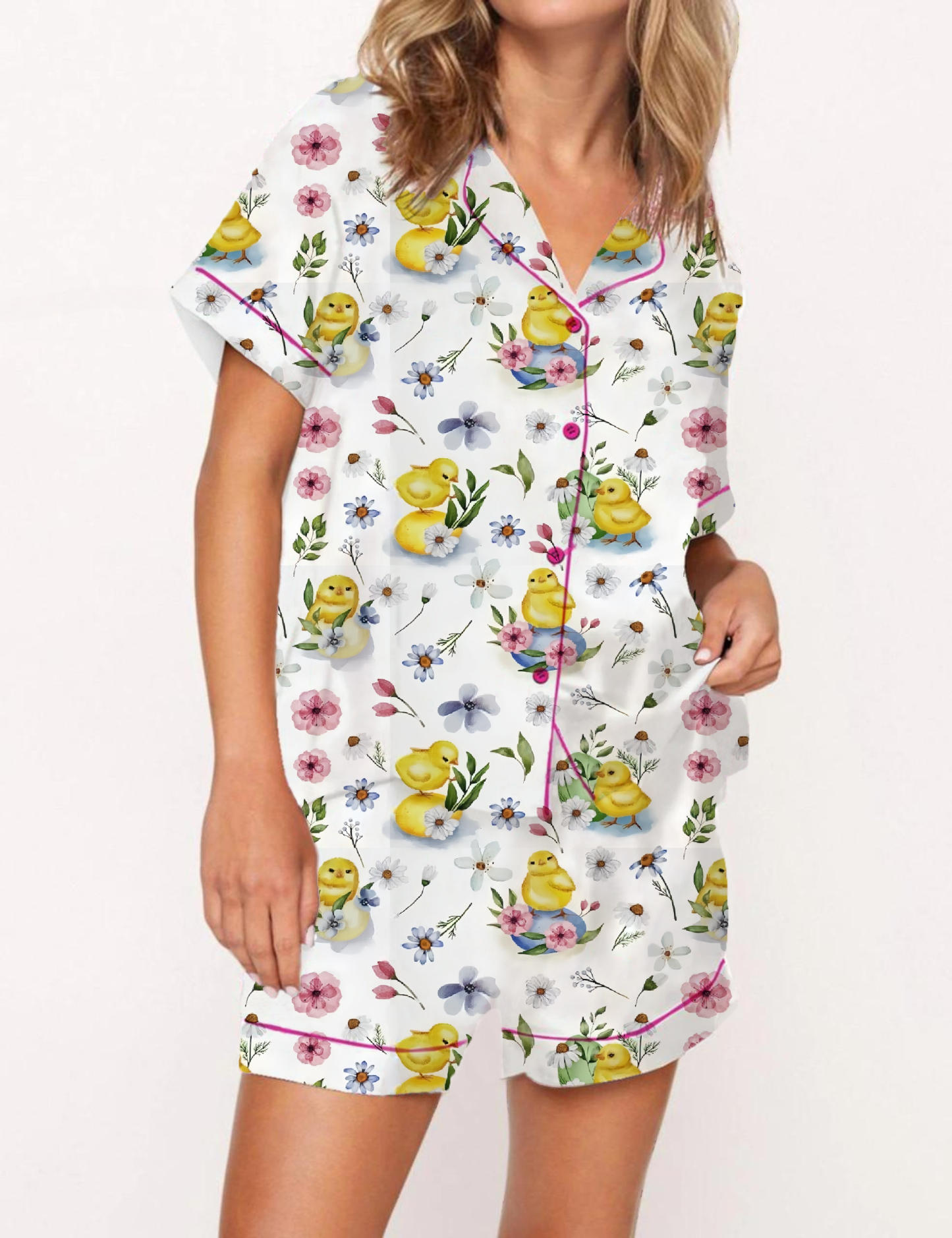 Yellow Chicks Pattern Satin Pajama Short Set