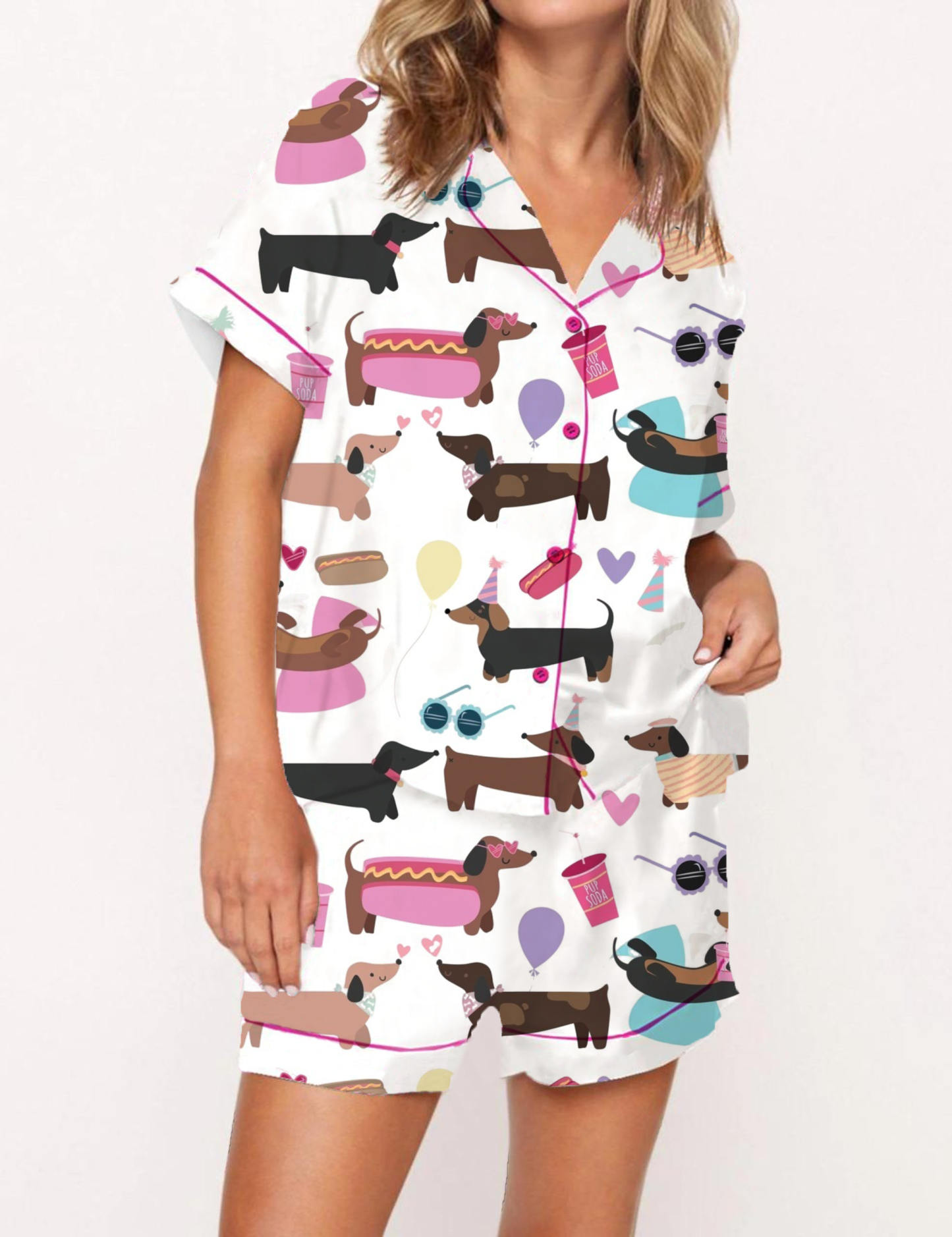 Playful Cartoon Dachshund Pattern Satin Pajama Short Set