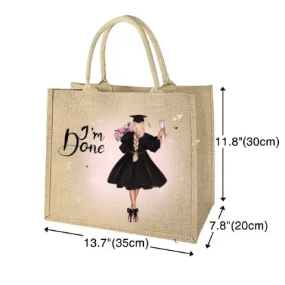 Personalized Cartoon Grad Hat Girl Initial Large Jute Tote Bag with Name Graduation Souvenir Birthday Gift for Women
