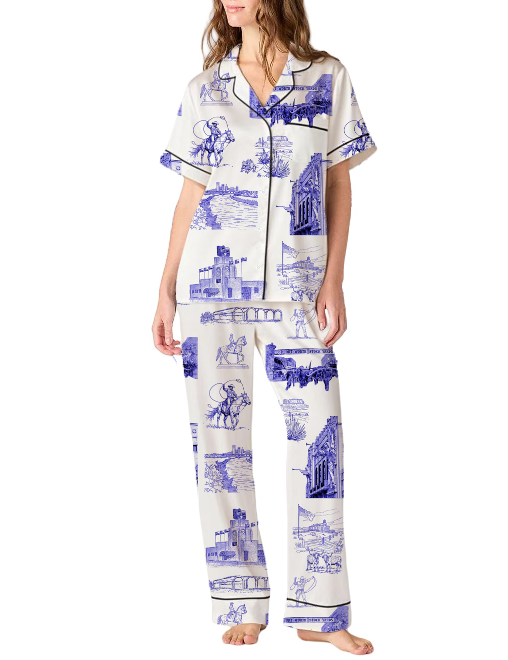 Fort Worth Toile Silky Satin Pajama Pants Set For Women