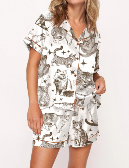 Vintage Cats Satin Pajama Set For Women