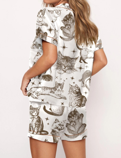Vintage Cats Satin Pajama Set For Women