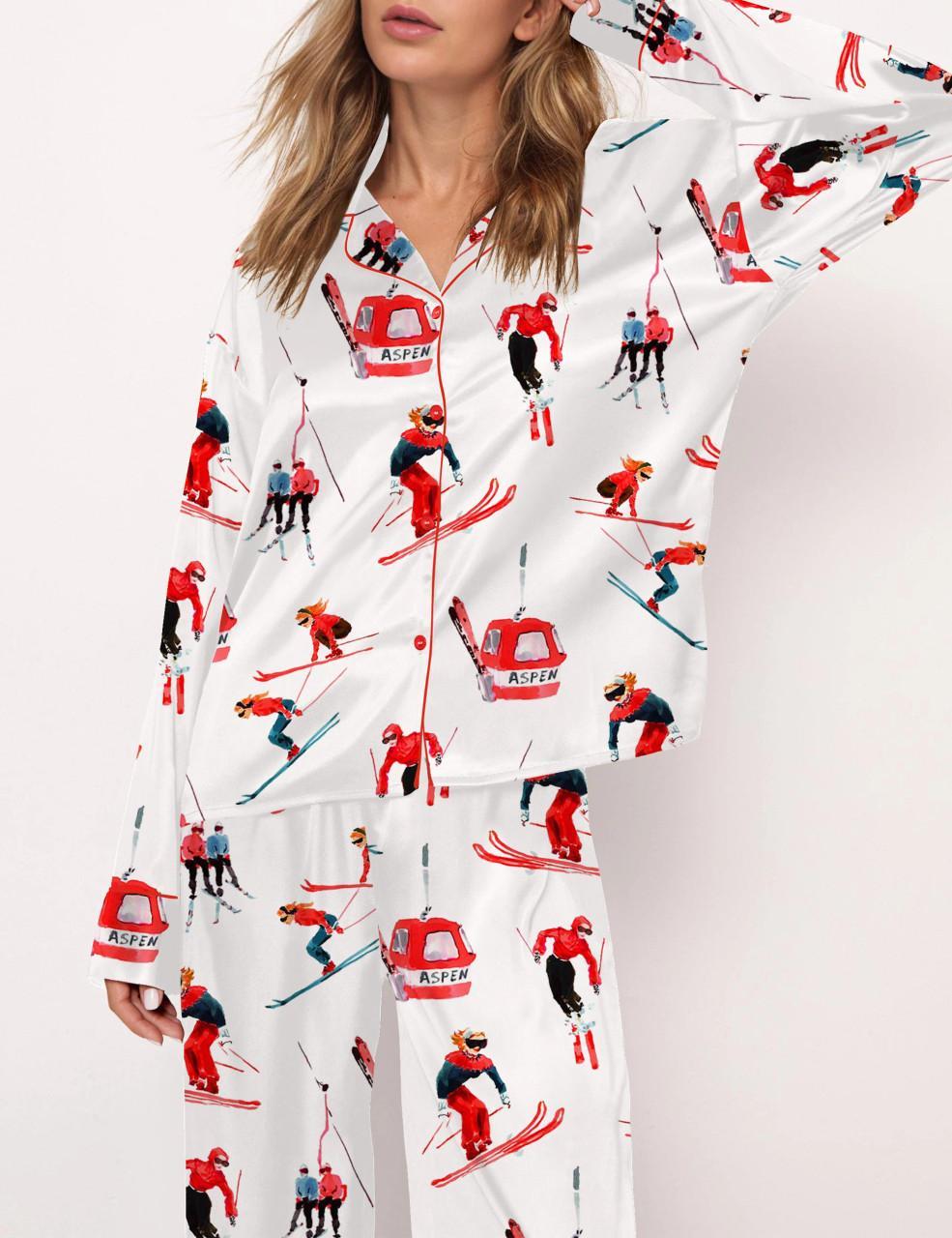 Vintage Skiers Satin Pajama Set For Women