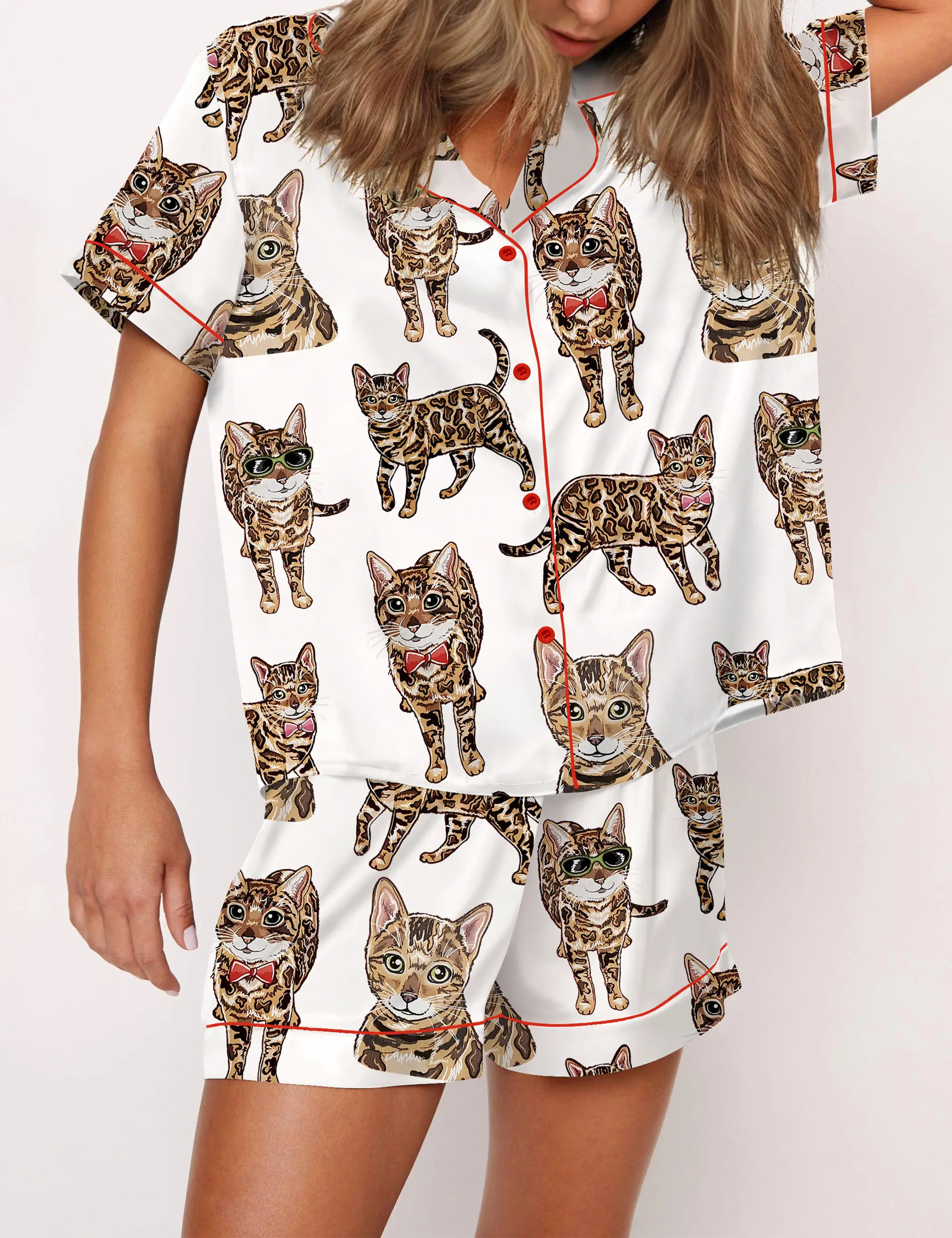 Bengal Cat Silky Satin Pajama Set For Women
