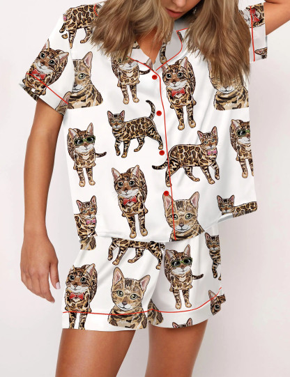 Bengal Cat Silky Satin Pajama Set For Women