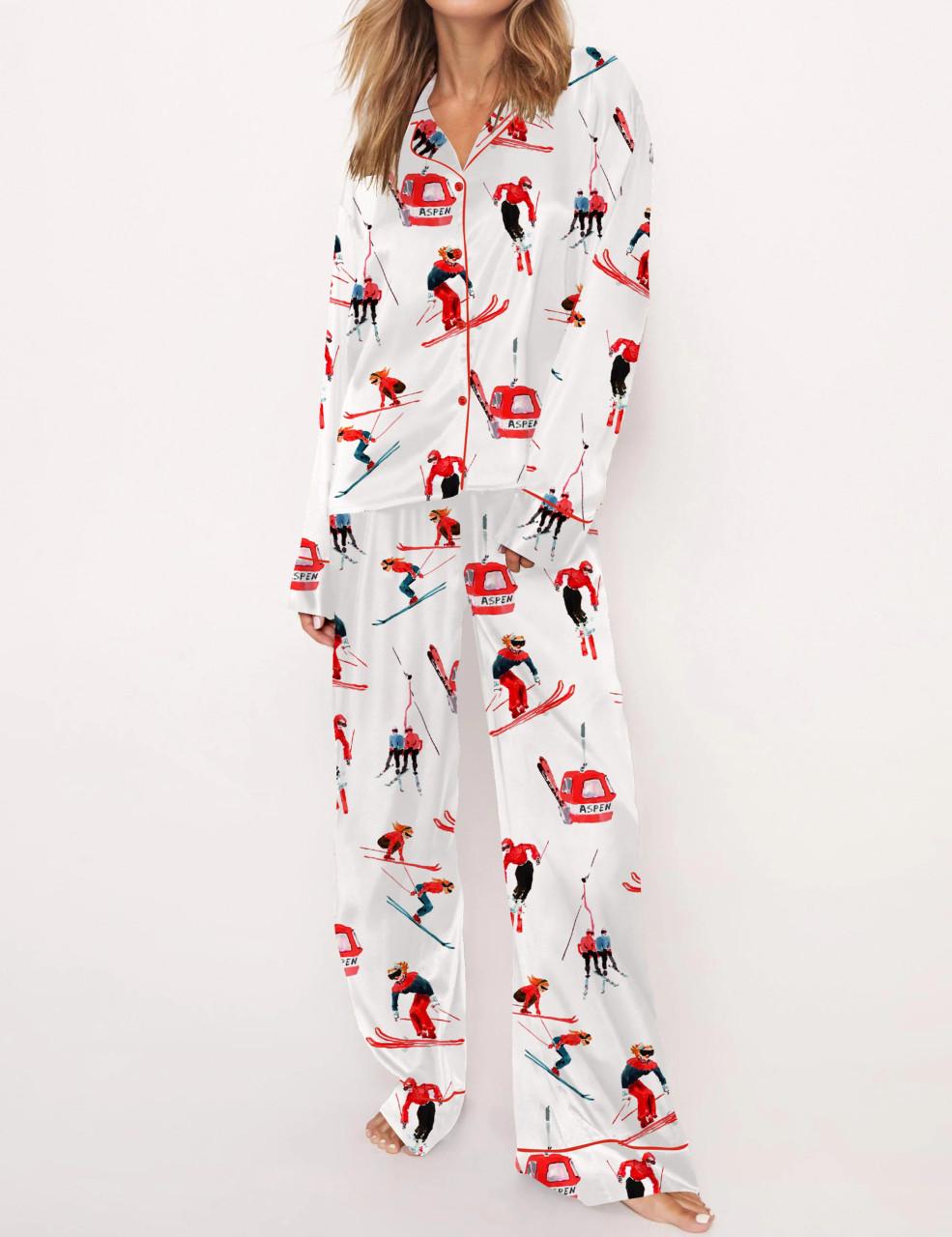 Vintage Skiers Satin Pajama Set For Women