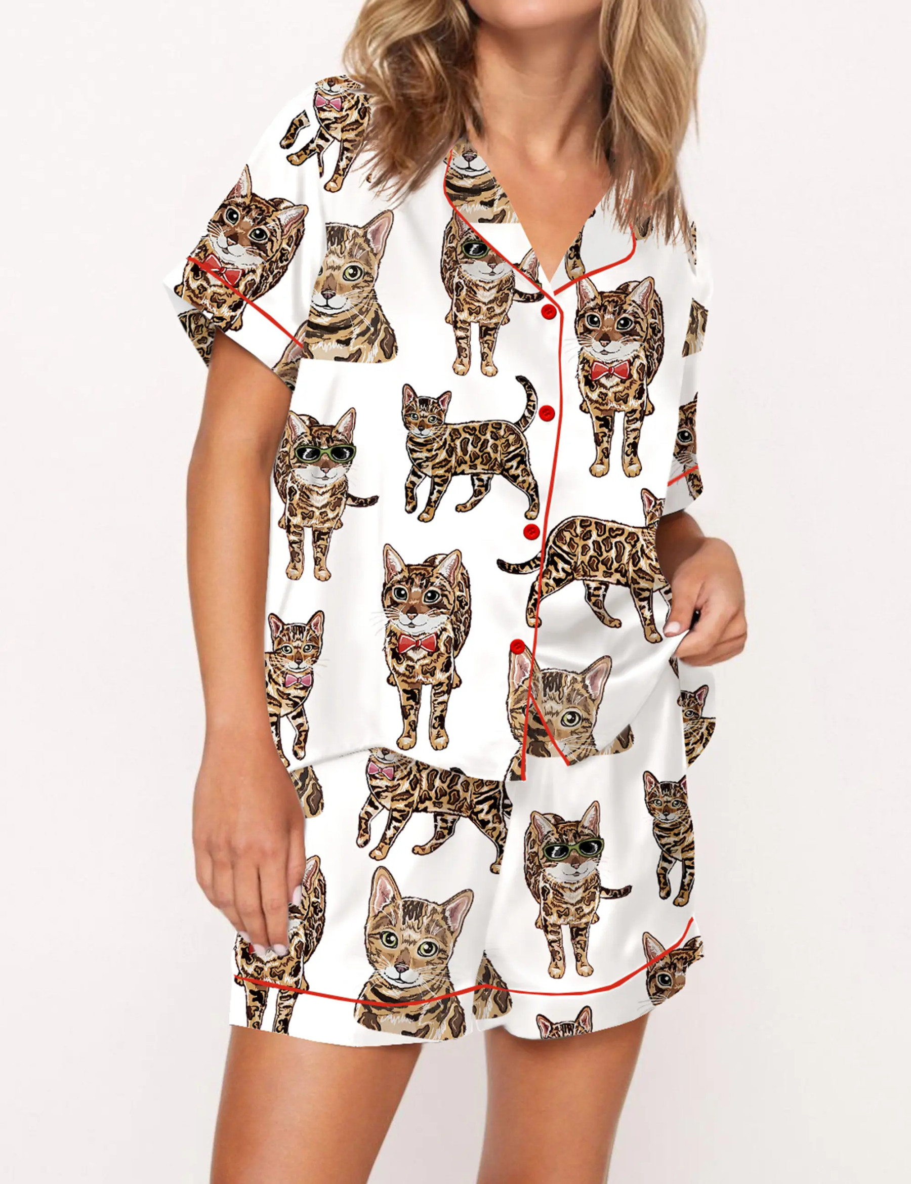 Bengal Cat Silky Satin Pajama Set For Women