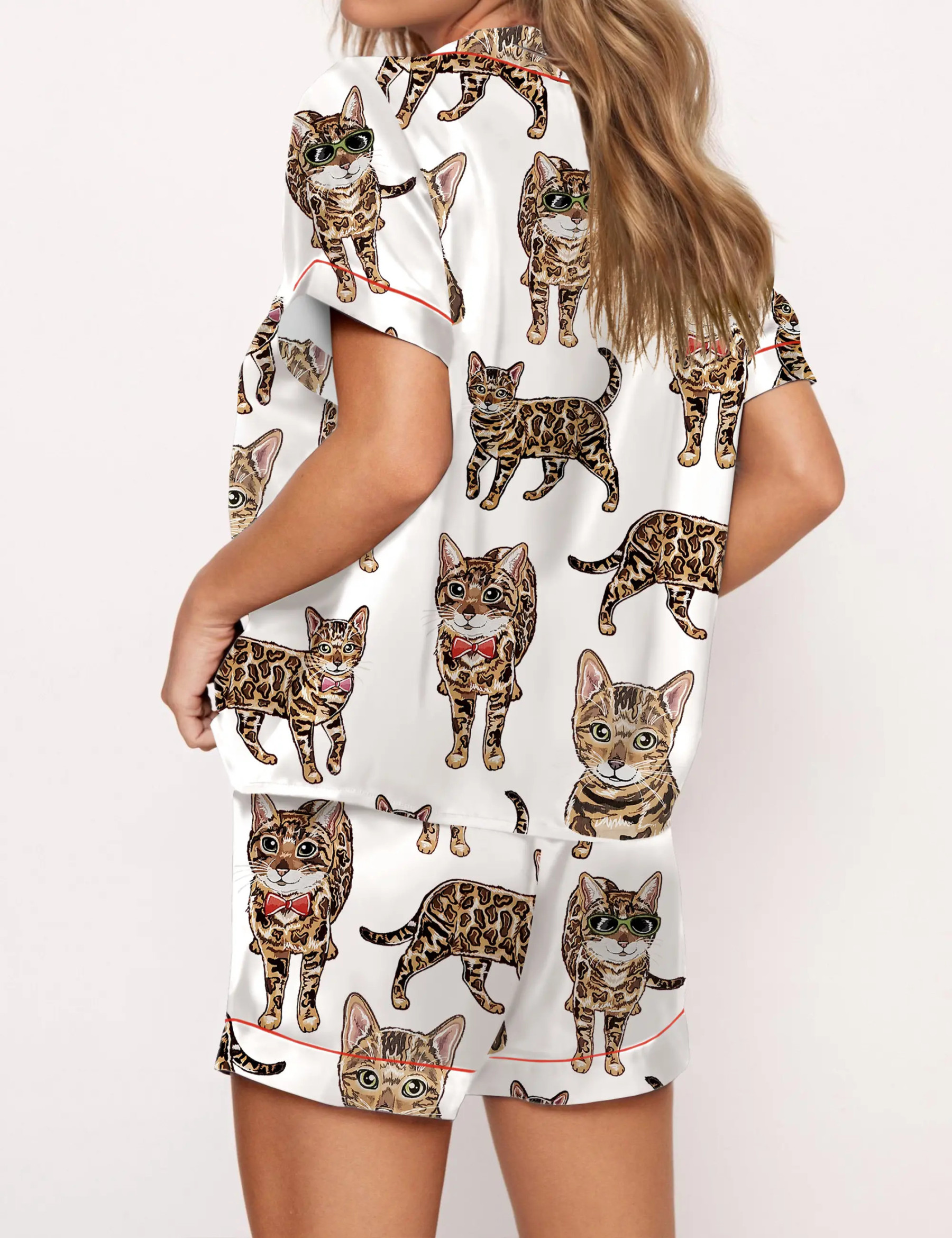 Bengal Cat Silky Satin Pajama Set For Women