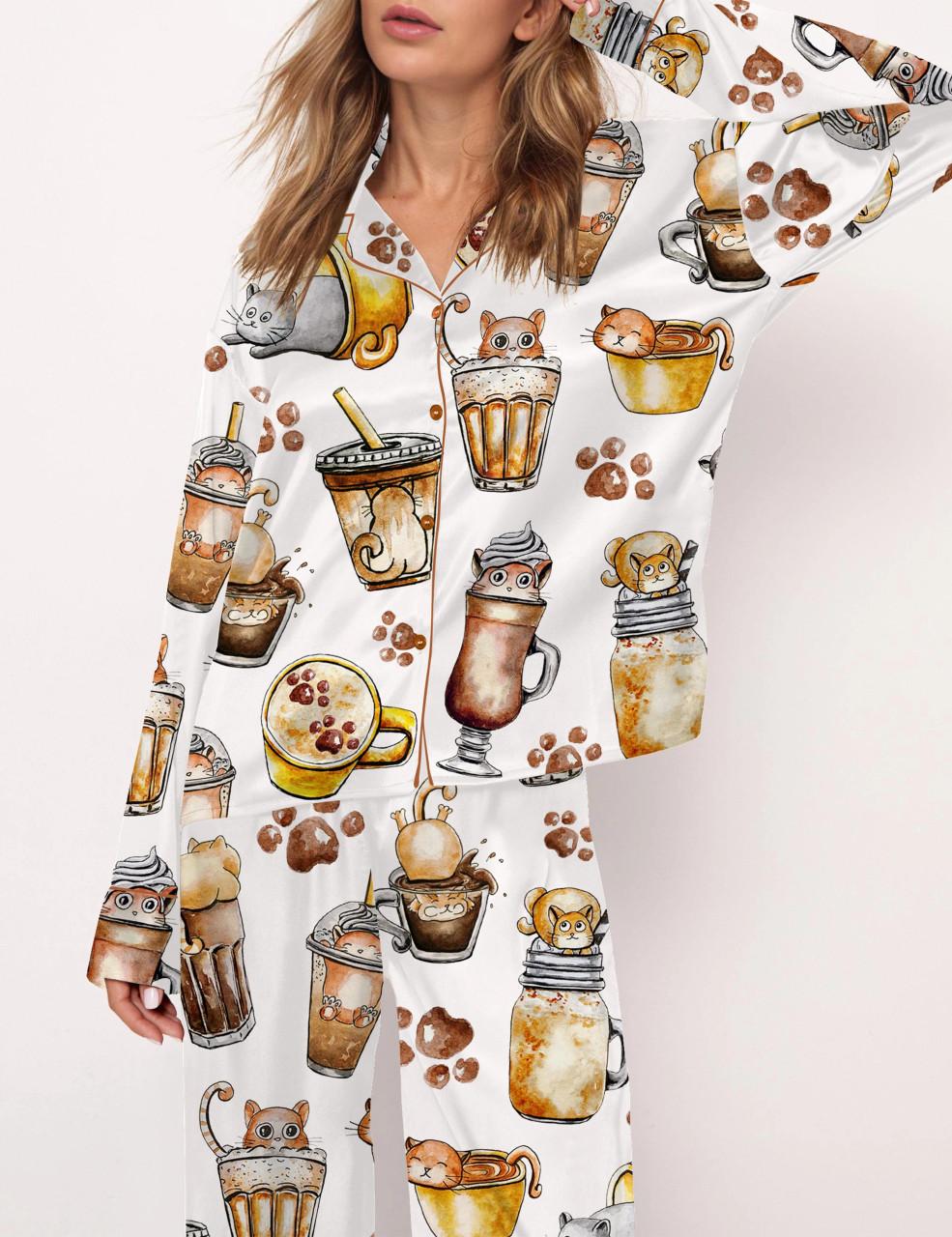 Coffee And Cats Satin Pajama Set For Women