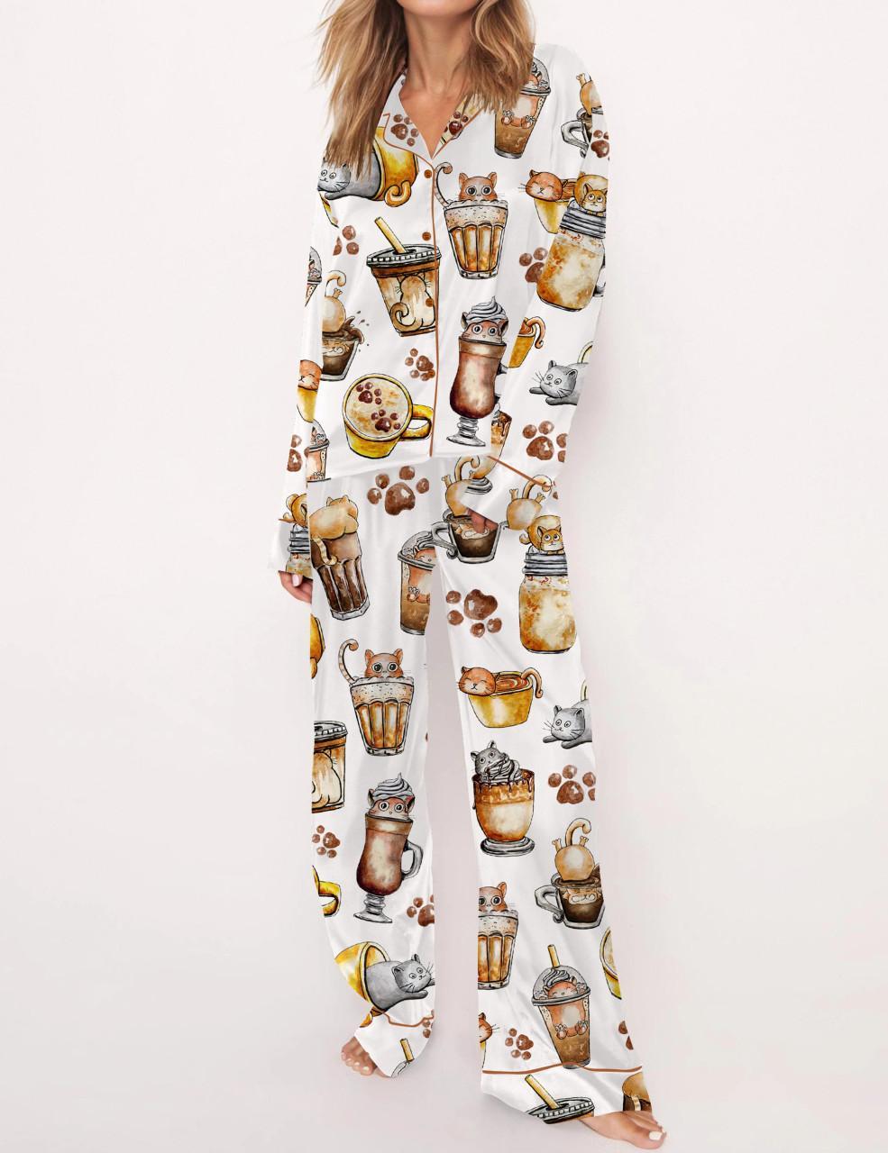 Coffee And Cats Satin Pajama Set For Women