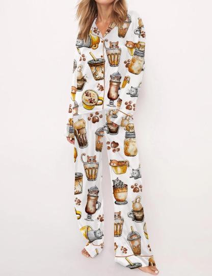 Coffee And Cats Satin Pajama Set For Women