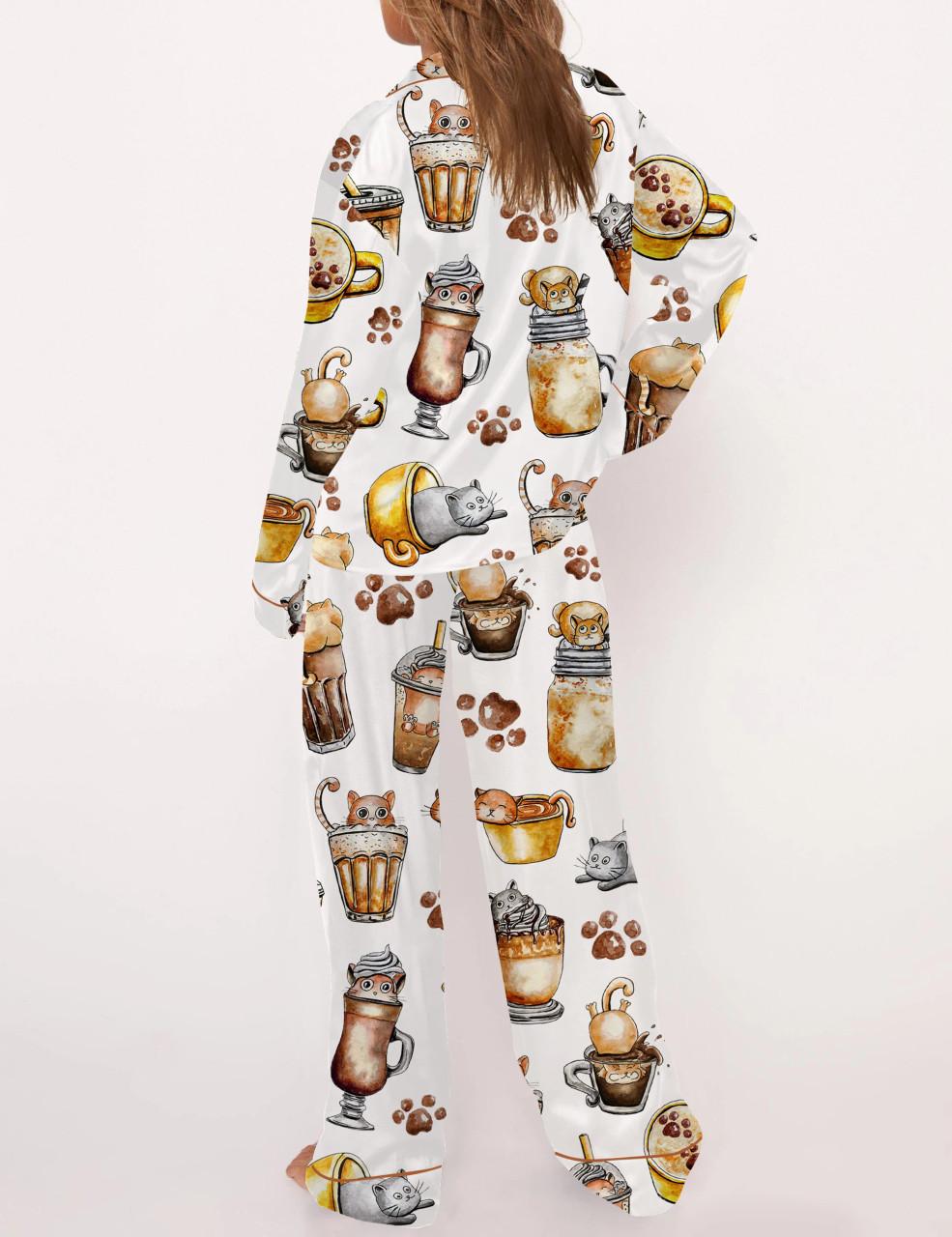 Coffee And Cats Satin Pajama Set For Women