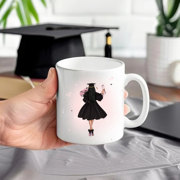 Personalized Cartoon Back Image Girl Coffee Cup Ceramic Mug with Text “I‘m Done” Graduation Souvenir Birthday Gift for Women