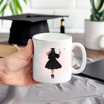 Personalized Cartoon Back Image Girl Coffee Cup Ceramic Mug with Text “I‘m Done” Graduation Souvenir Birthday Gift for Women