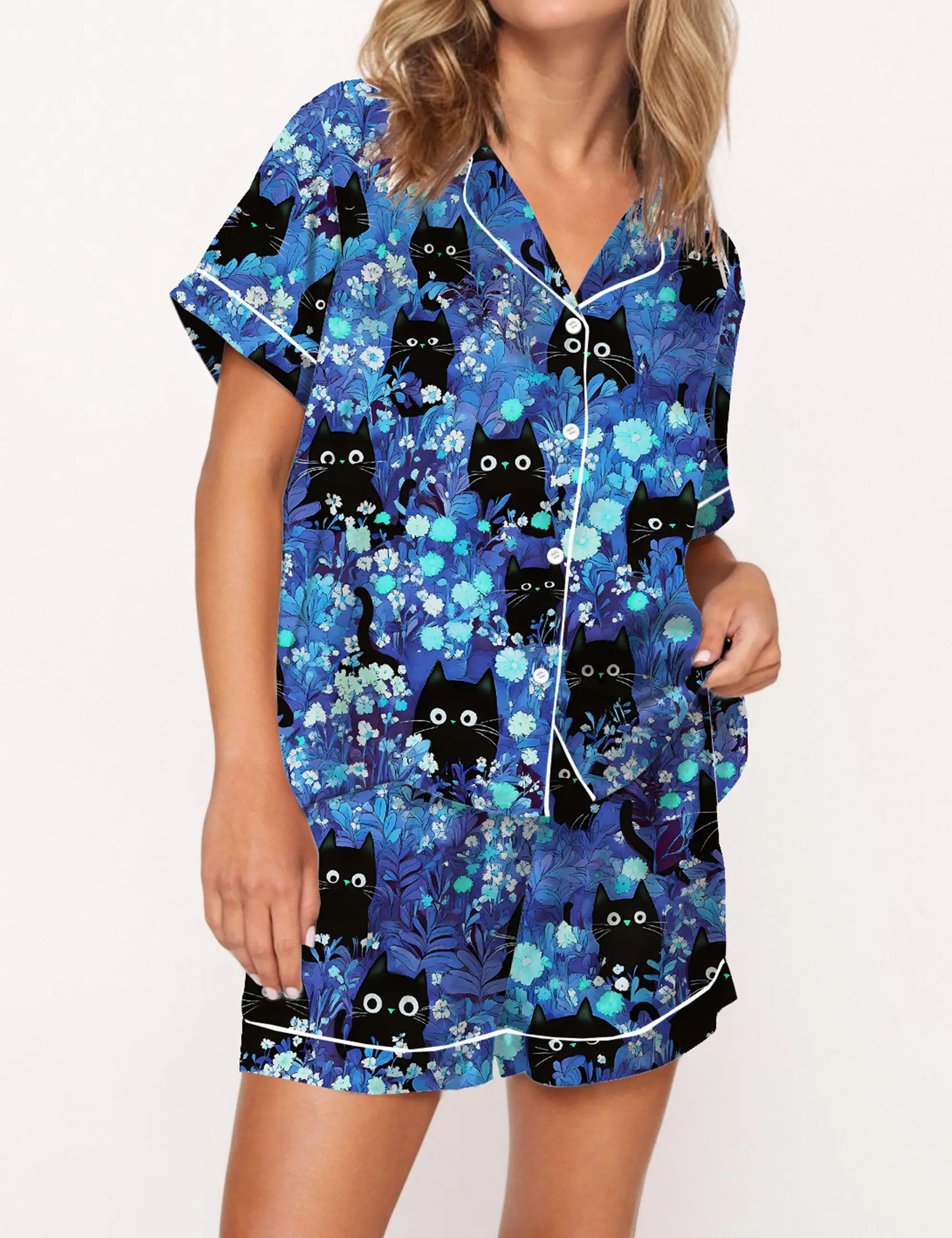 Black Cats Silky Satin Pajama Set For Women