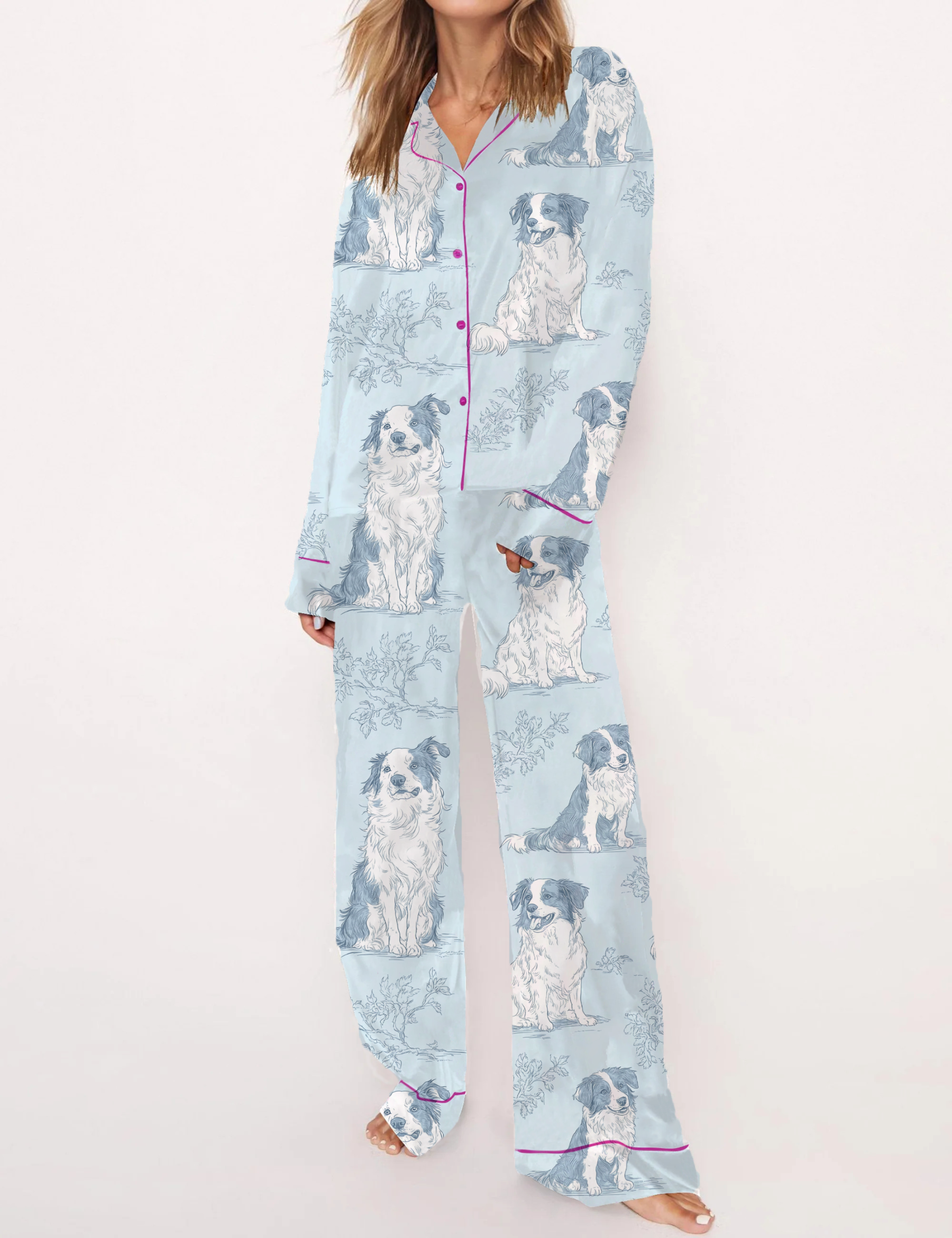 Border Collie Silky Satin Pajama Short Set For Women