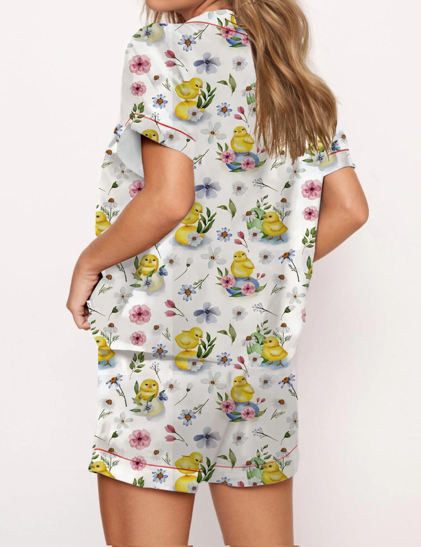 Yellow Chicks Pattern Satin Pajama Short Set
