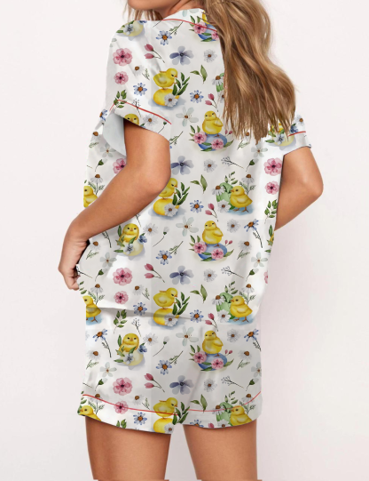 Yellow Chicks Pattern Satin Pajama Short Set