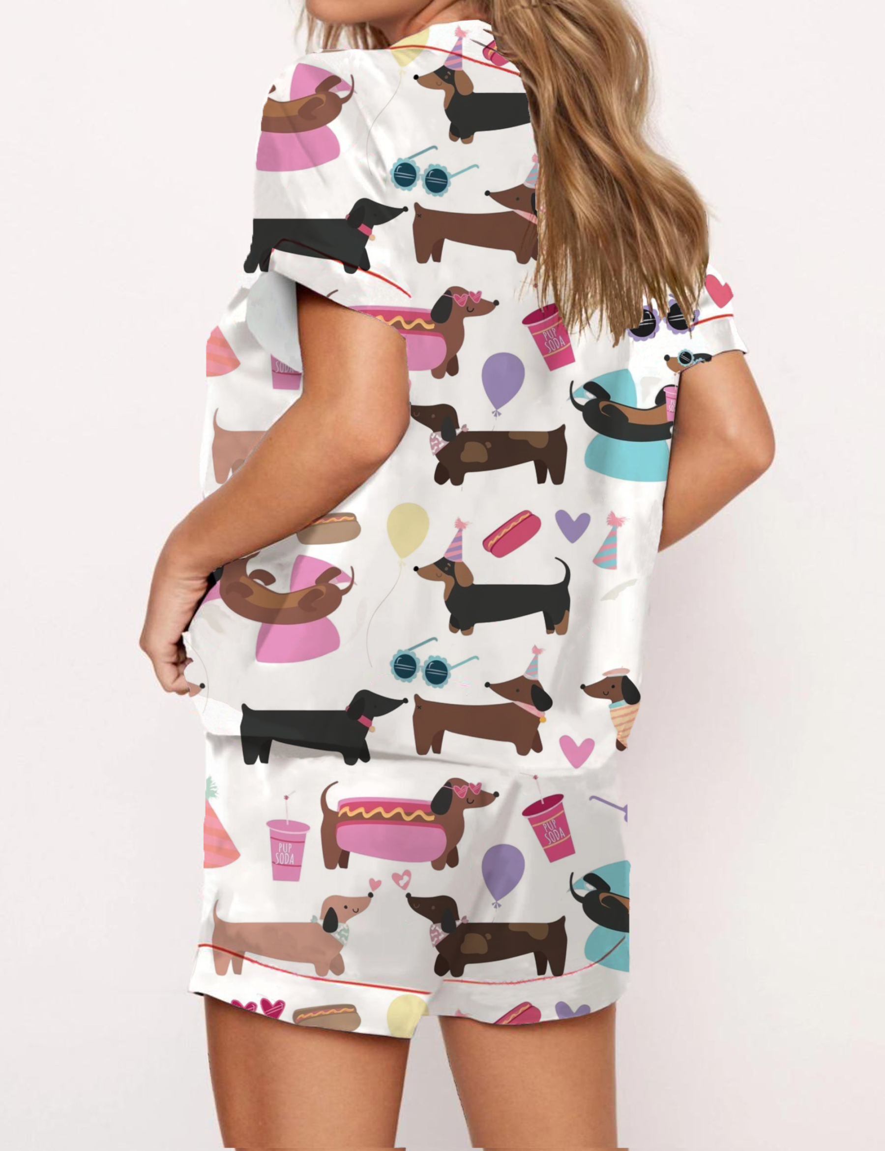 Playful Cartoon Dachshund Pattern Satin Pajama Short Set