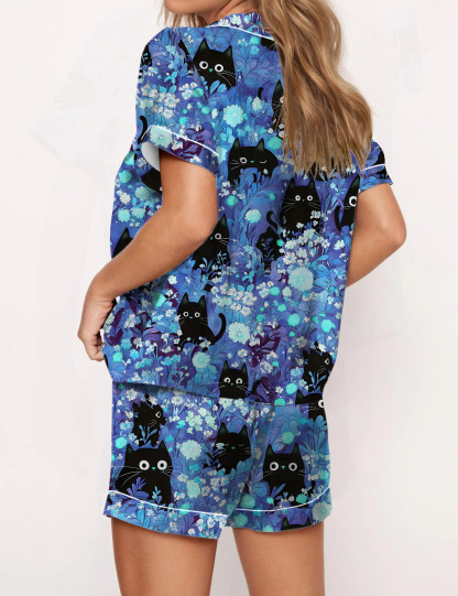 Black Cats Silky Satin Pajama Set For Women