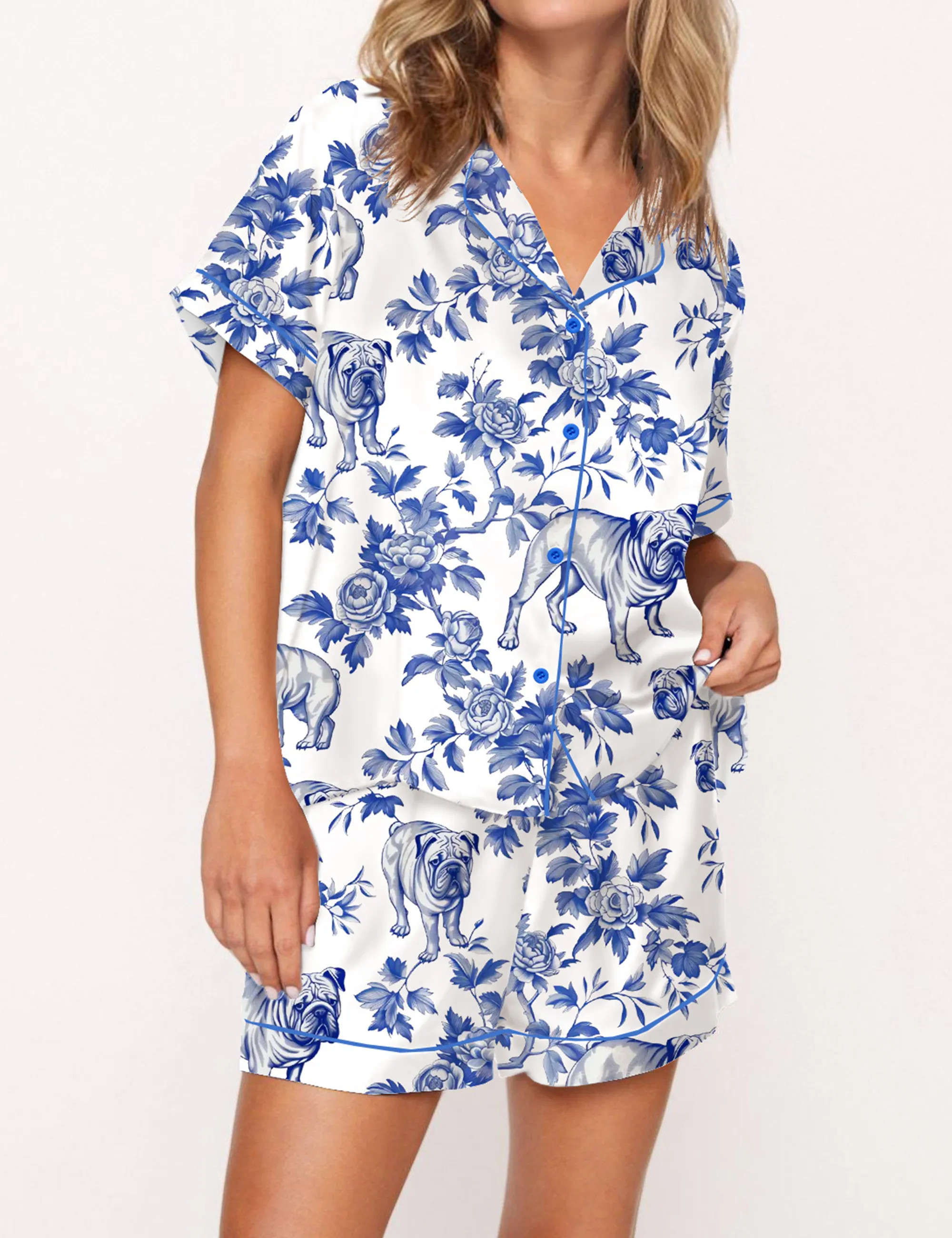 French Bulldog Satin Pajama Set For Women