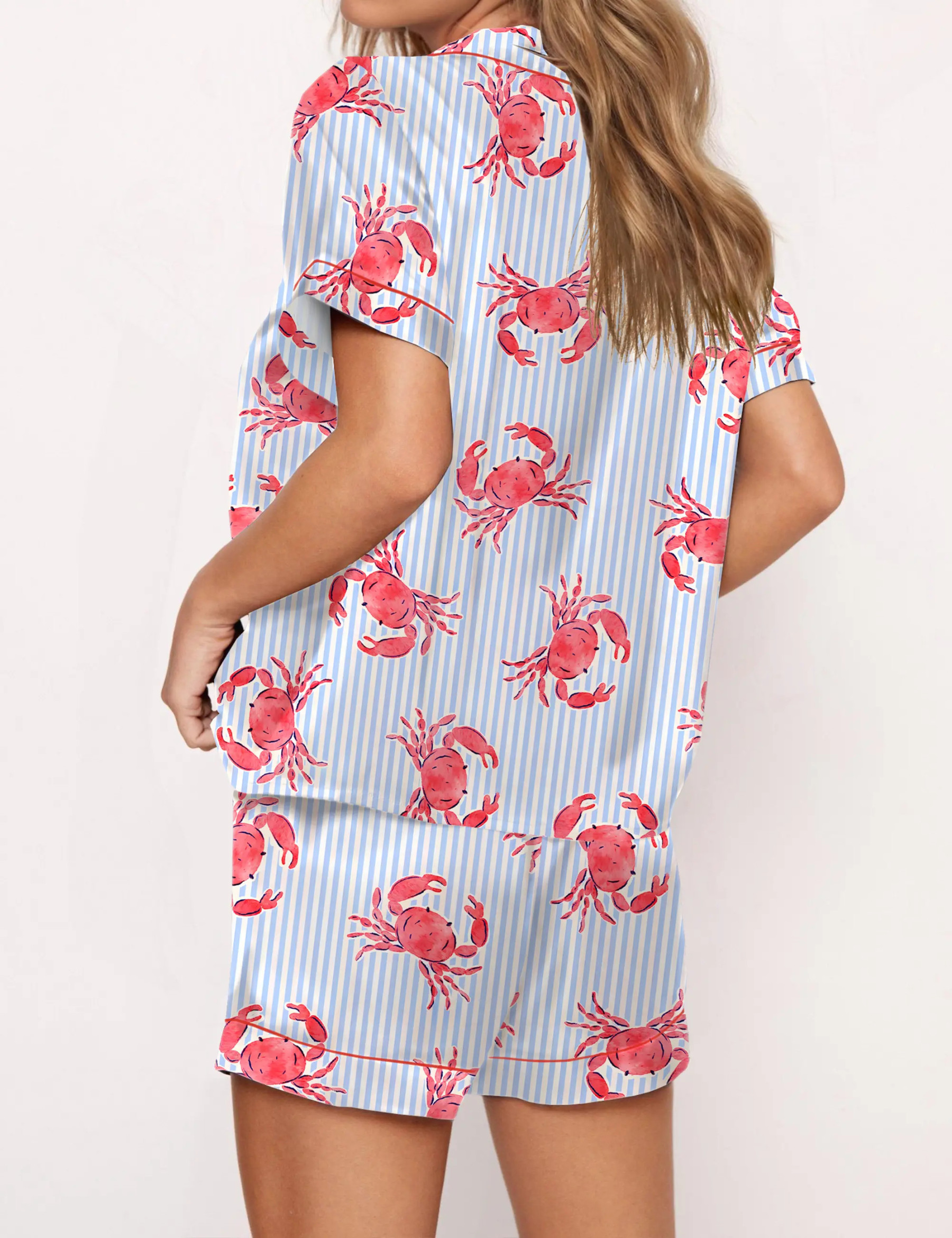 Crab Stripe Silky Satin Pajama Set For Women