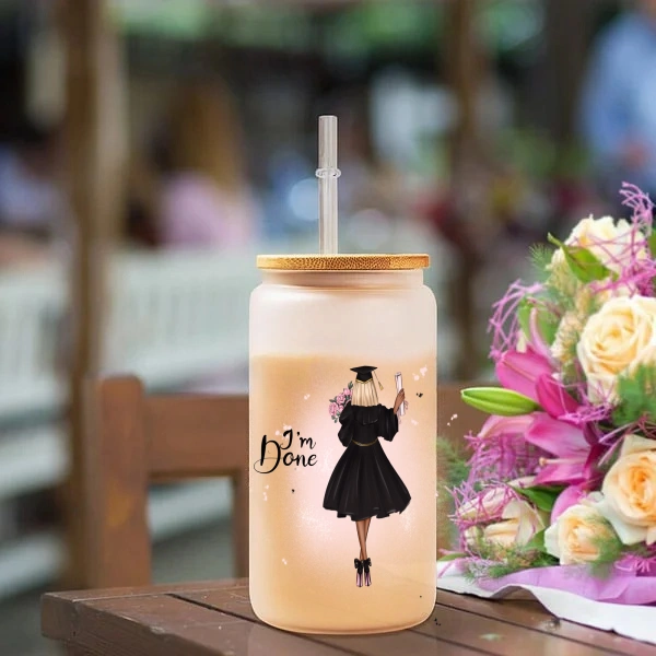 Personalized Cartoon Back Image Girl 16oz Frosted Glass Cup with Text “I‘m Done” Graduation Souvenir Birthday Gift for Women