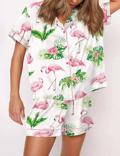 Watercolor Flamingo Silky Satin Pajama Set For Women