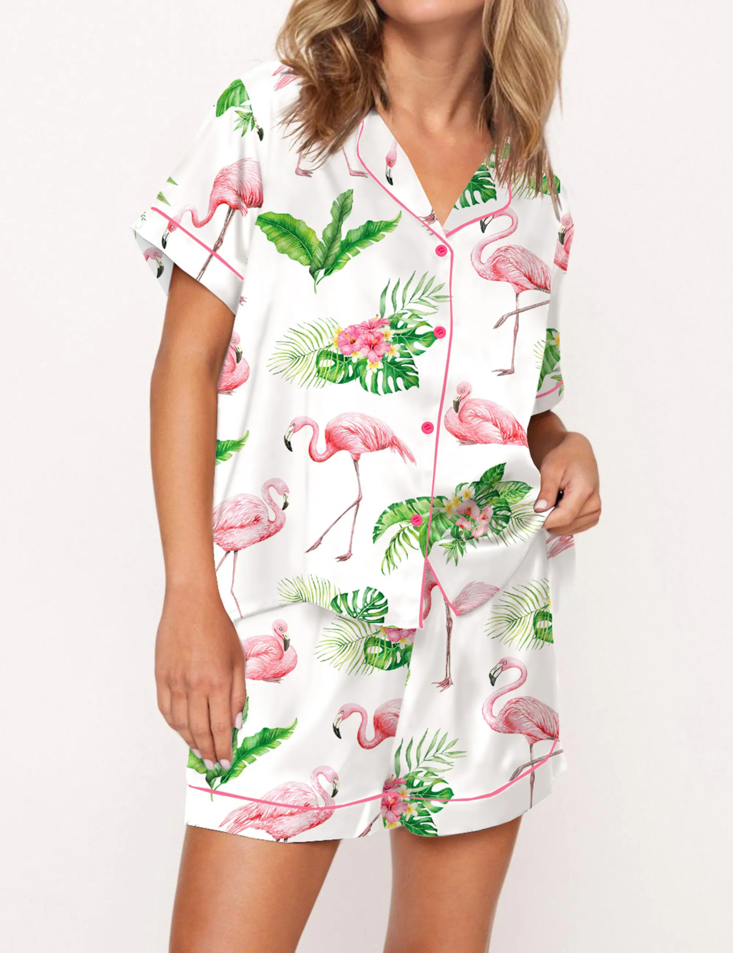 Watercolor Flamingo Silky Satin Pajama Set For Women