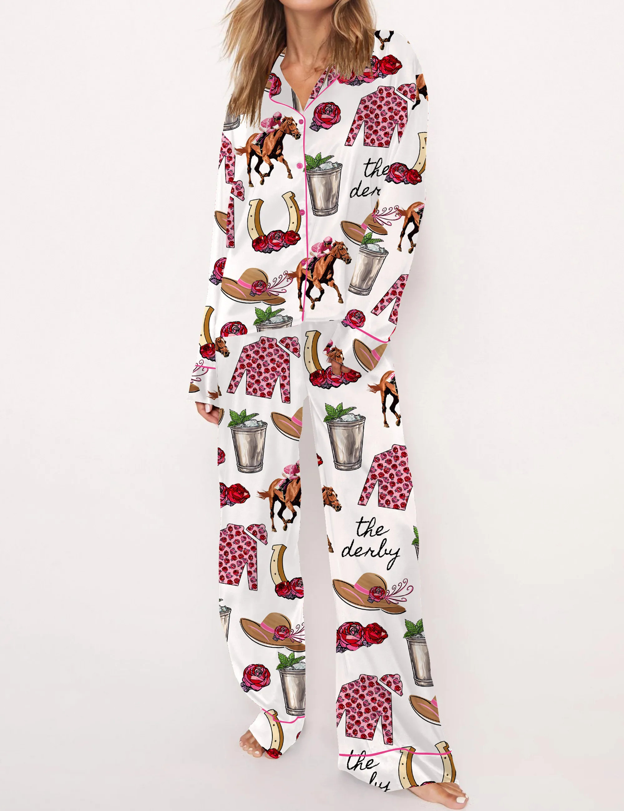 Kentucky Derby Party Satin Pajama Set For Women