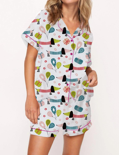 Cute Dachshund Pattern Satin Pajama Short Set