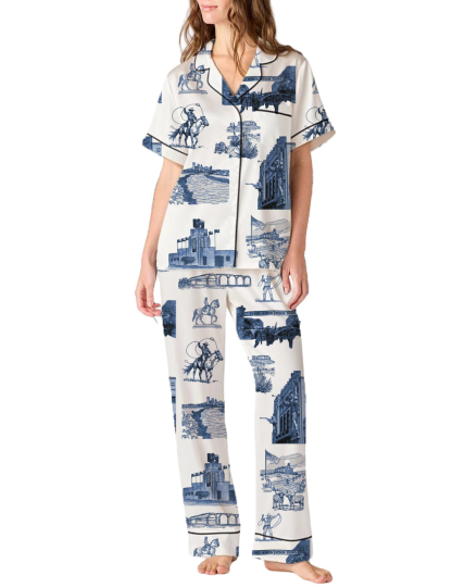 Fort Worth Toile Silky Satin Pajama Pants Set For Women