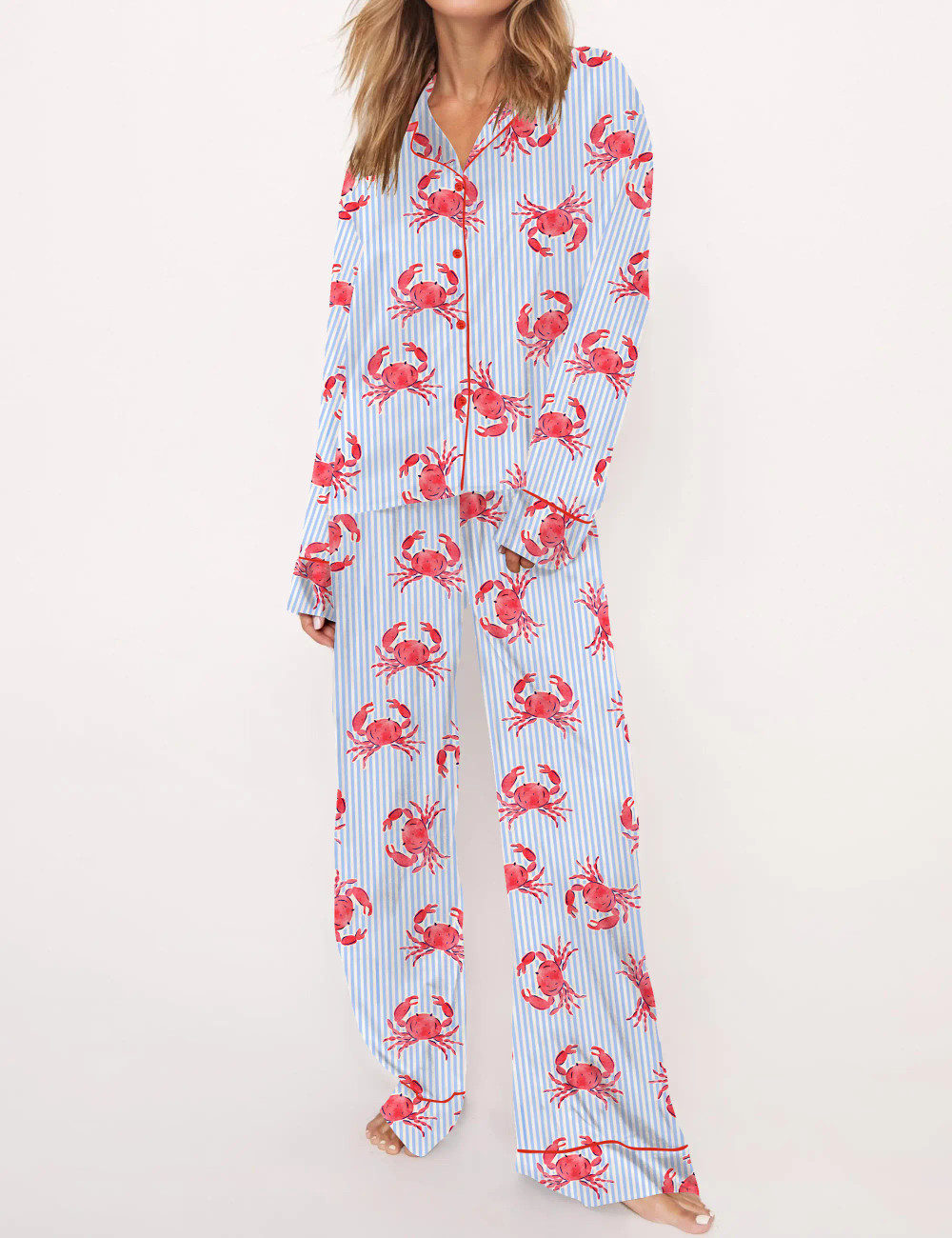 Crab Stripe Silky Satin Pajama Set For Women