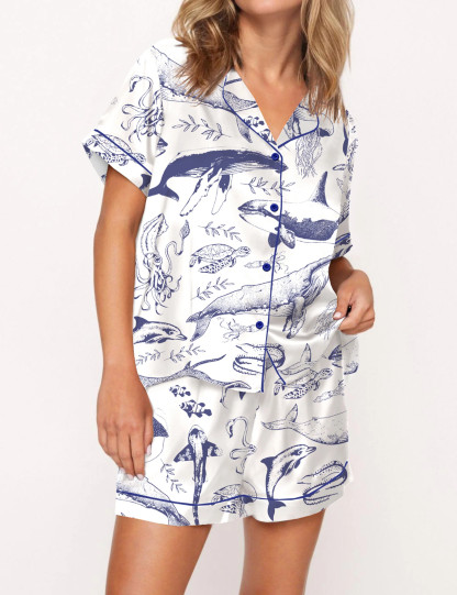 Vintage Sea Animals Satin Pajama Set For Women