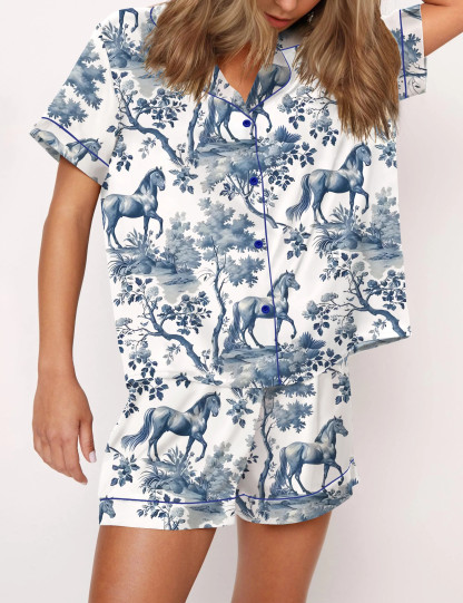 Horse Toile Silky Satin Pajama Set For Women