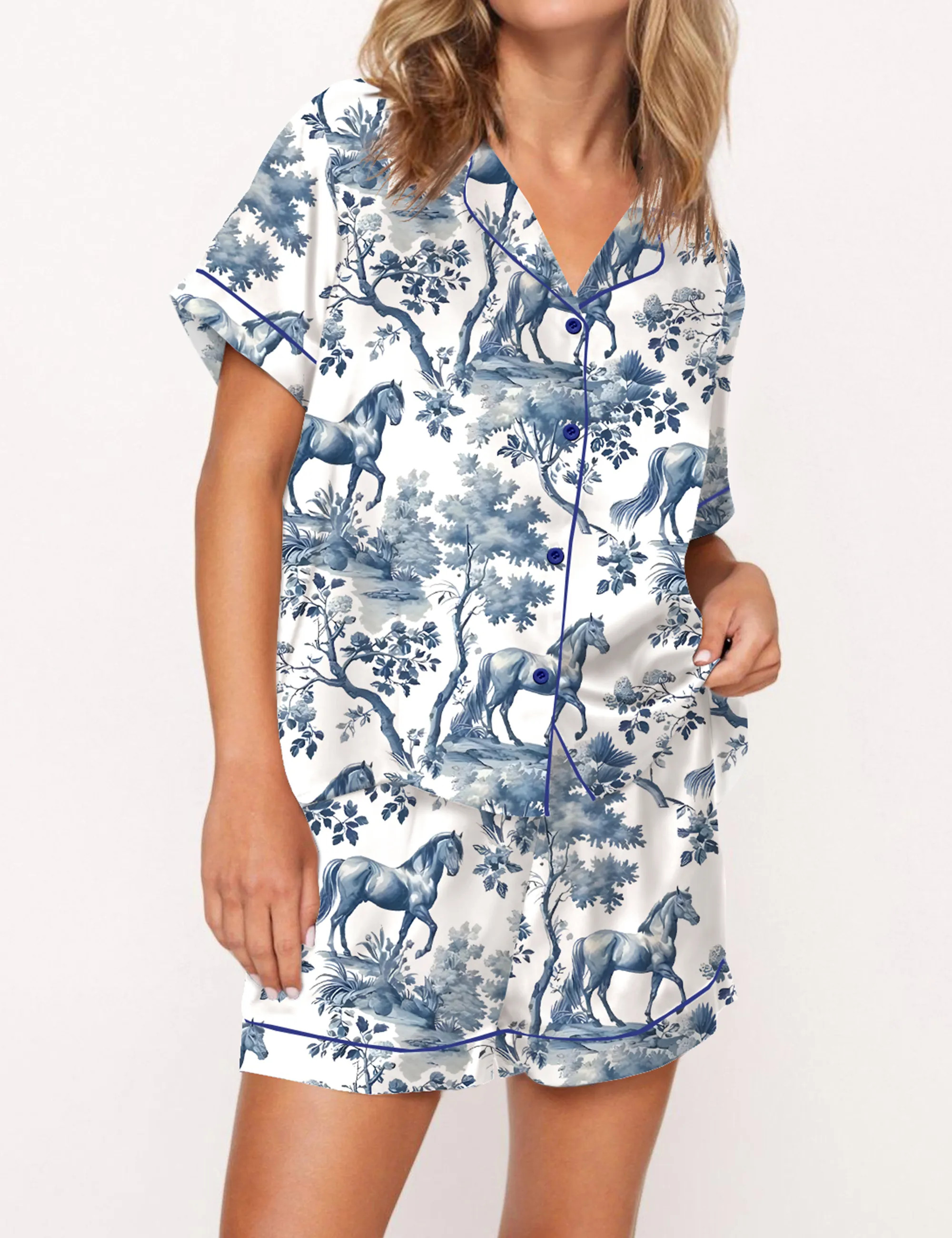 Horse Toile Silky Satin Pajama Set For Women