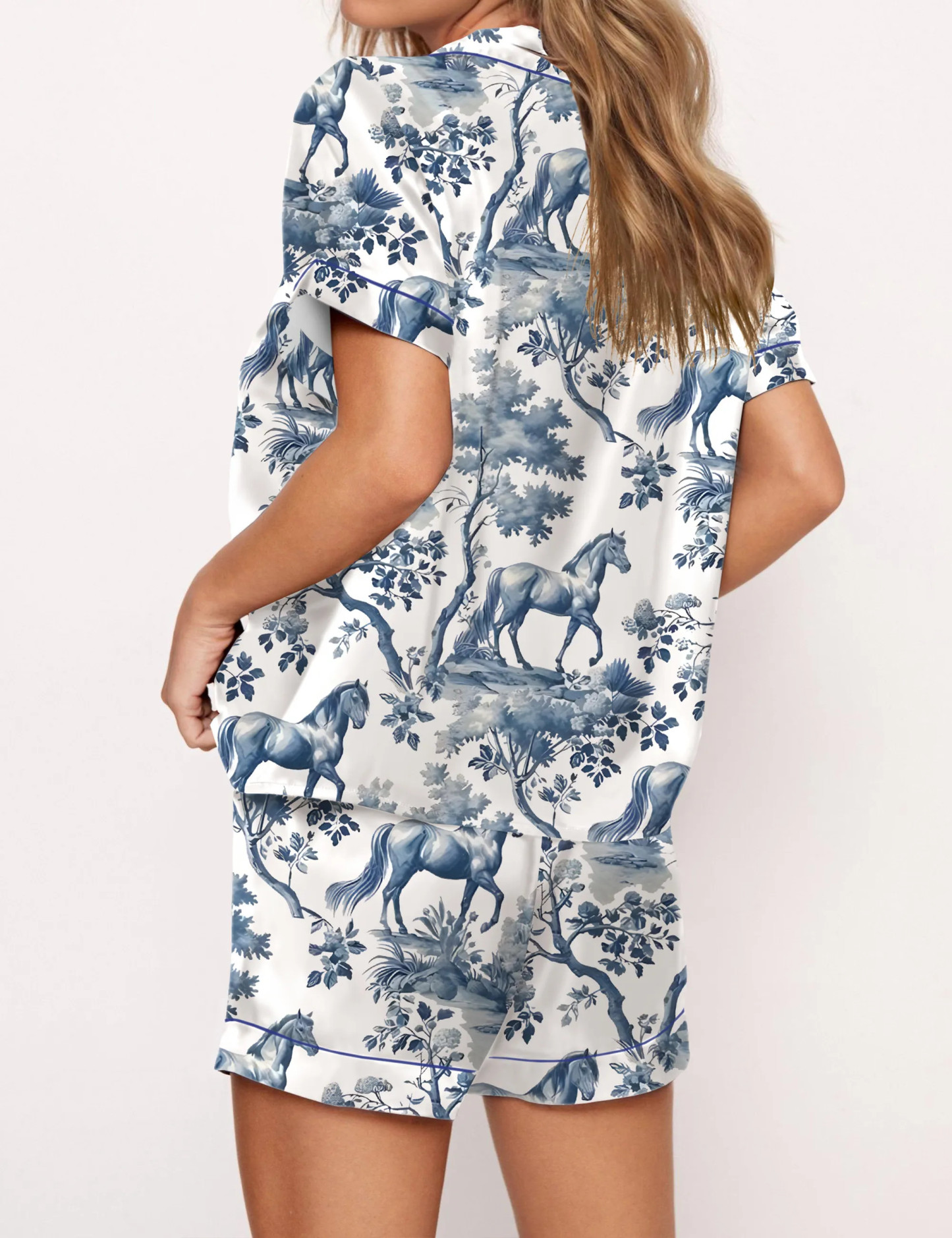 Horse Toile Silky Satin Pajama Set For Women