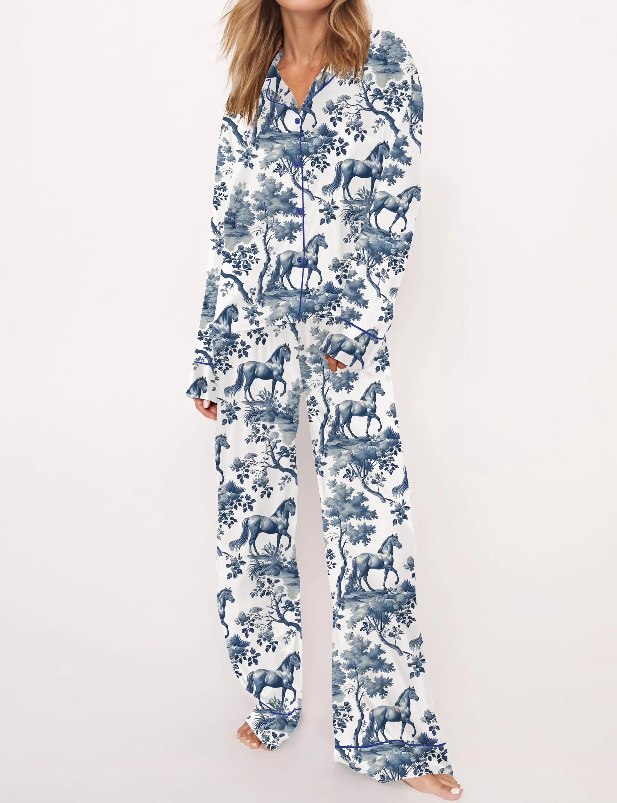 Horse Toile Silky Satin Pajama Set For Women