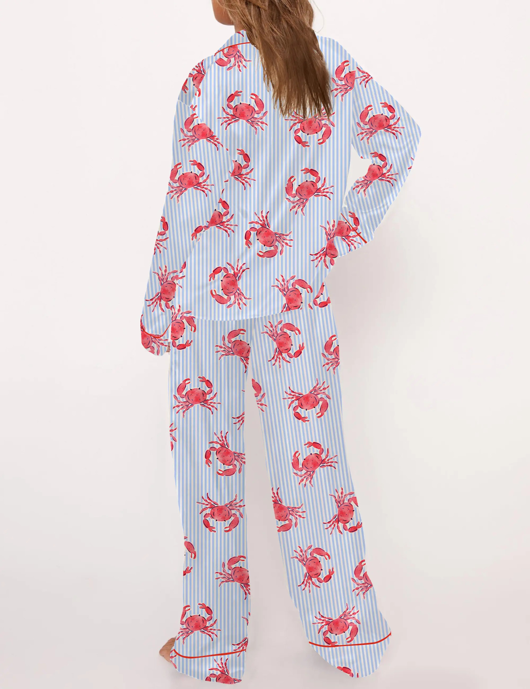 Crab Stripe Silky Satin Pajama Set For Women